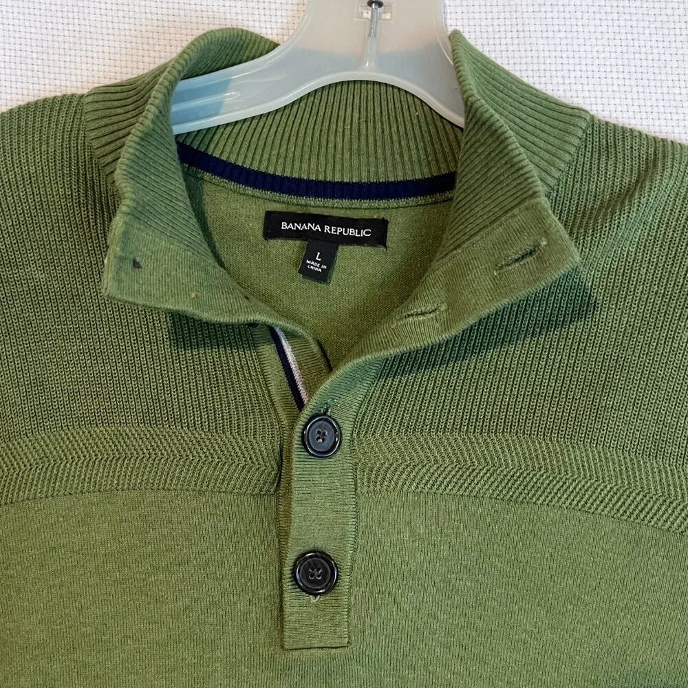Banana‎ Republic 1/4 Button Mock Neck Pullover Sweater Olive Green Knit Sz Large